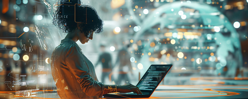 Una mujer, trabajando en su laptop redeada de una atmsfera de Inteligencia Artificial