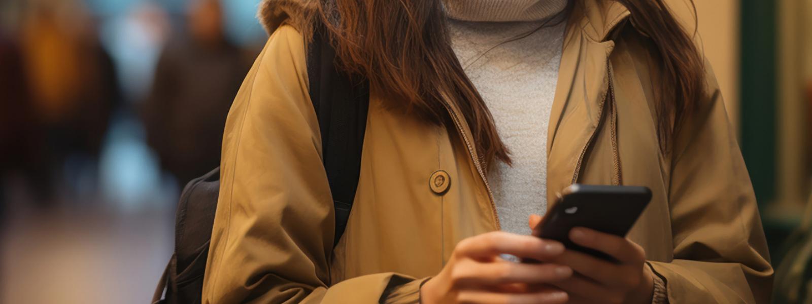 Mujer caminando por la calle mirando su teléfono móvil