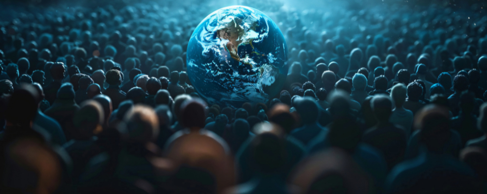 muchas personas en una atmósfera de tinieblas al redodedor del globo terraqueo