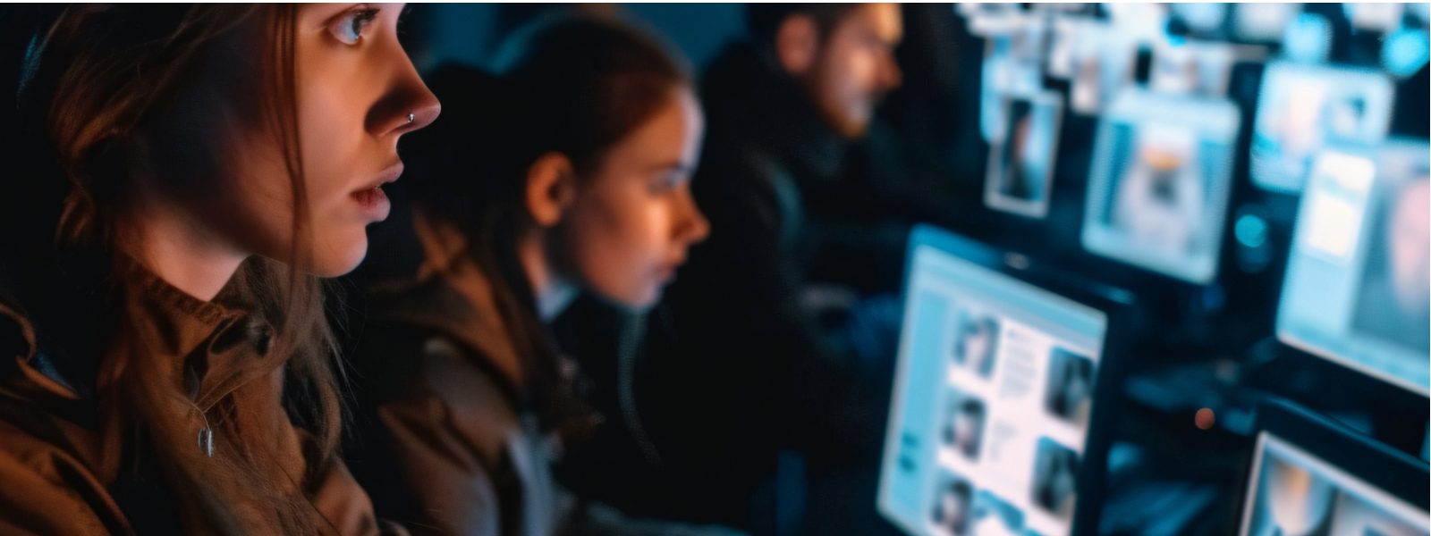 Personas haciendo seguimiento de redes sociales en sus monitores