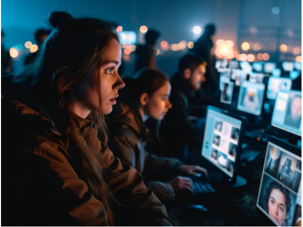 Personas haciendo seguimiento de redes sociales en sus monitores
